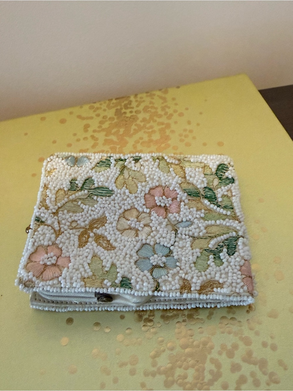 Beaded Floral Zip Wallet in Cream with Pastel Accents